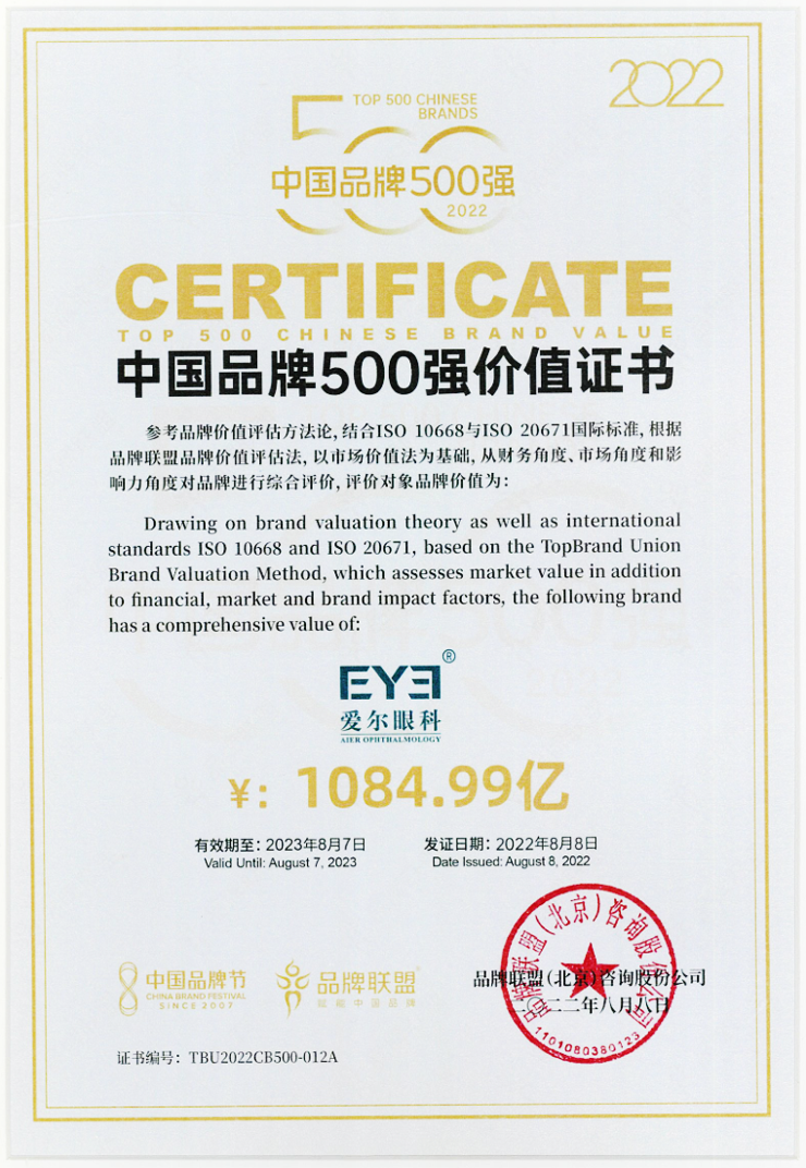品牌500强价值证书